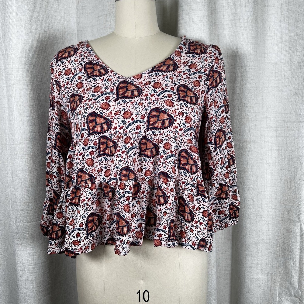 Lucky Brand Red Orange Floral Peasant Babydoll Top High Low‎ Size Small 7WP4332